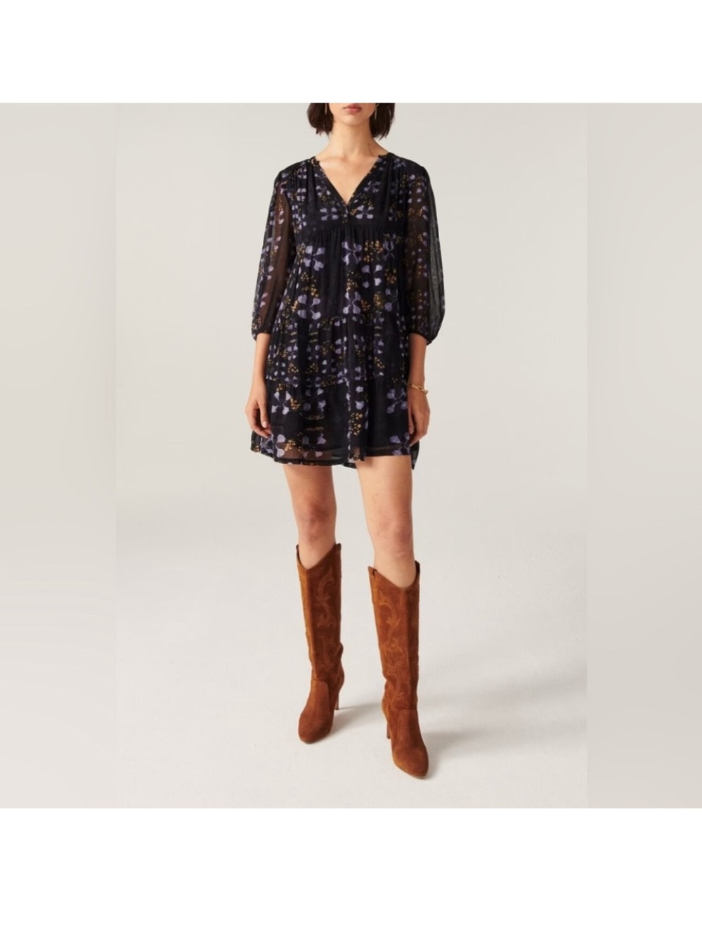 New Bas&sh Hyana  V-Neck Floral Tiered Mini Dress Sz S